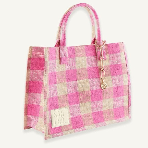 $450 SANDRO Kasbah gingham print cotton‎ tote bag shoulder bag pink cream white - Picture 6 of 10